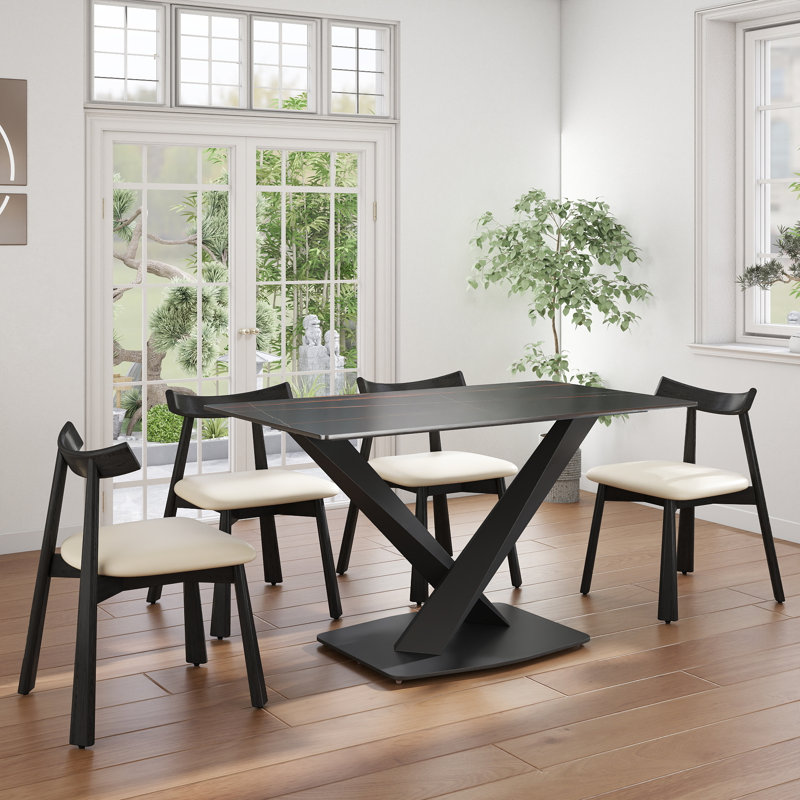 5-Piece Modern Rectangular Sintered Stone Dining Table Set With 4 Faux Leather Chairs, Lauren Blackgold, Beige/Black