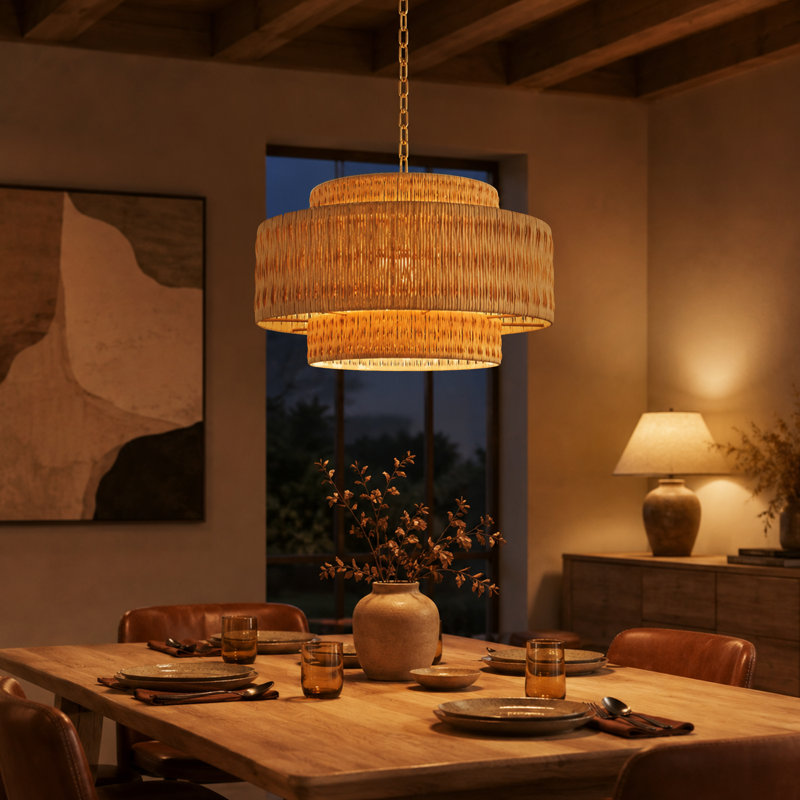 Anorah 4-E26 Light Bulbs 25.59 inch Oversize Farmhouse Boho Paper Shade Dimmable Vintage Pendant Light Fixture