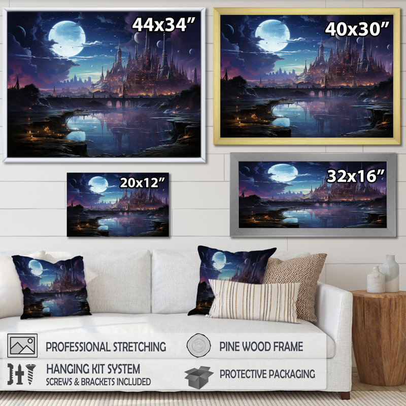 Science-fiction, paysage urbain de nuit, Cadre flottant noir, H 12 po x l 20 po x P 1 po