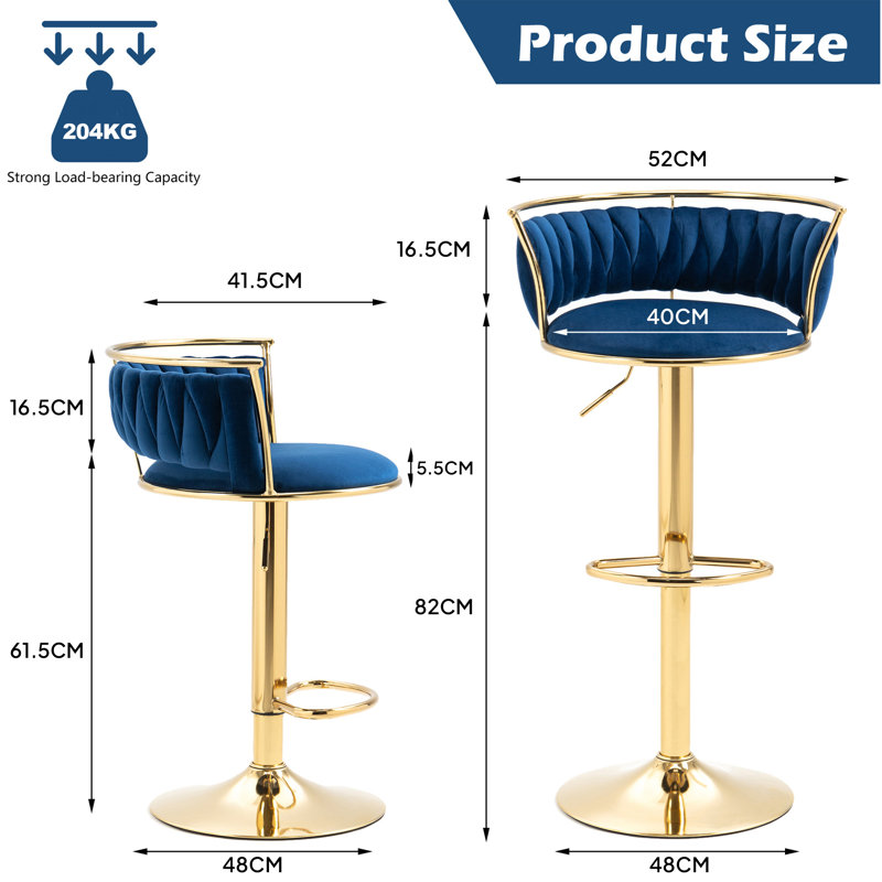Christal Height Adjustable Swivel Bar Stool, Navy Blue, Gold