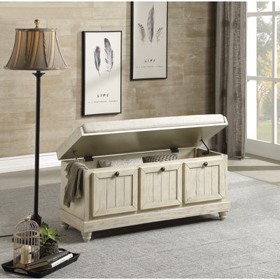 Banc Wali avec banc de rangement relevable de 44 pouces et siège rembourré blanc antique