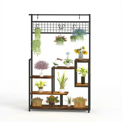Multi-Functional 5-Tier Storage Rack with Hanging Hooks & Full-Spectrum Grow Light - Industrial Plant Stand Bookshelf for Living Room Bedroom Balcony (38.5" W x 70.9" H)