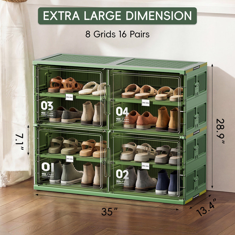  4-Tier Green Foldable Shoe Rack, Collapsible Shoe Storage Cabinet with Magnetic Doors, Stackable Entryway Organizer for Indoor & Outdoor Use, Holds Up to 16 Pairs