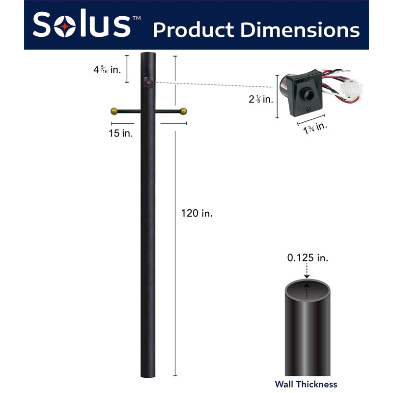 Solus 7, 8, or 10 ft.  Hardwired Direct Burial Lamp Post with Cross Arm and Dusk-to-Dawn Photocell Sensor, Black