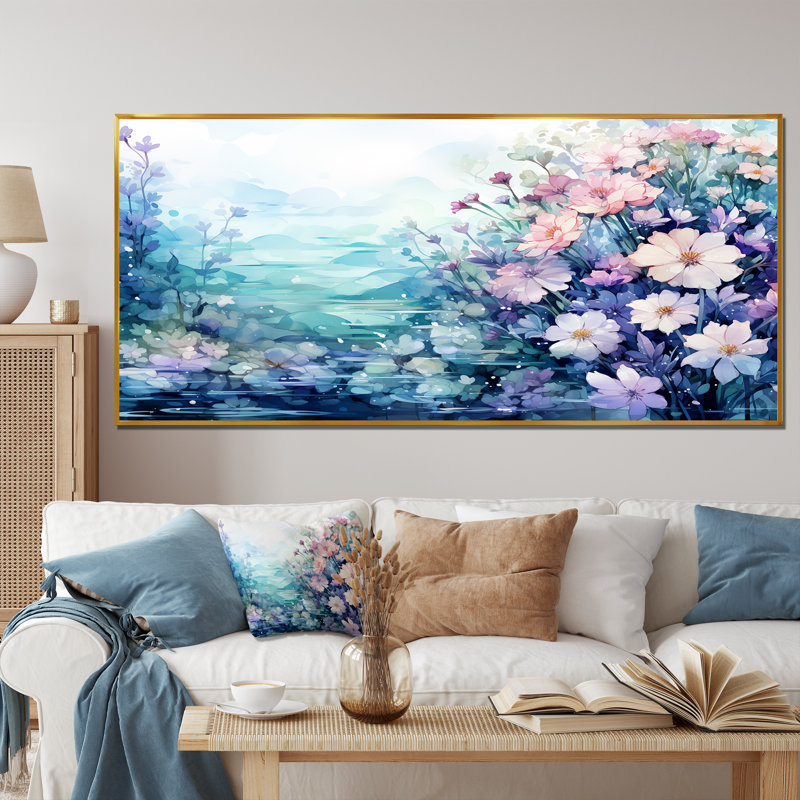 Fleurs bleues et mauves sous l'eau - Art mural fantastique, Cadre flottant doré, H 28 po x l 60 po x P 1,5 po