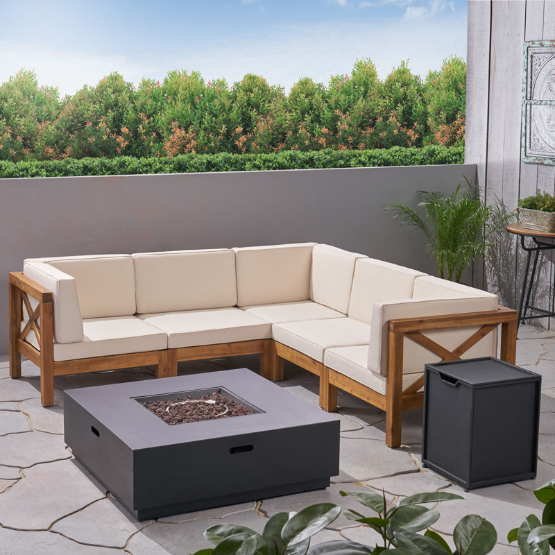 Ensemble de conversation à 5 places en bois massif avec coussins, Structure teck / coussin beige