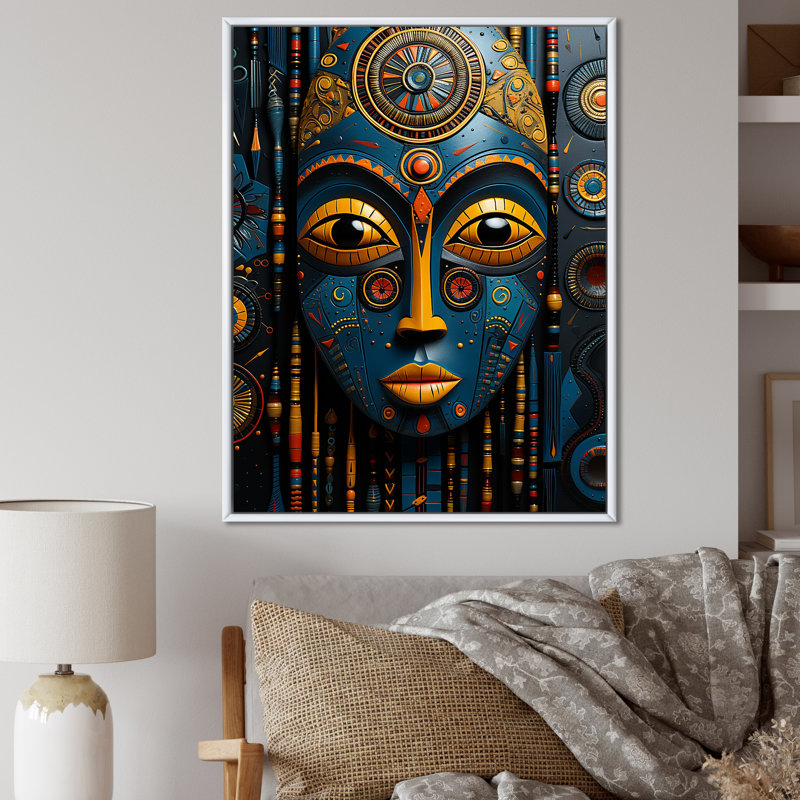 «African Mystique Tribes Masks II», reproduction sur toile, Cadre flottant blanc, H 32 po x l 16 po x P 1 po
