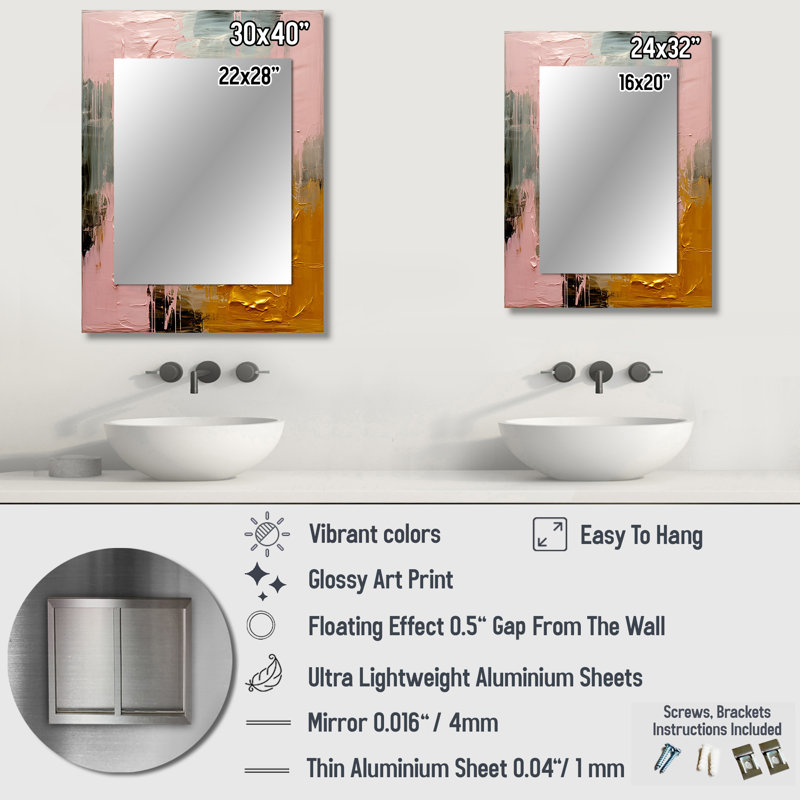 Celebrating Destiny Abstract Gold Pink Painting II - Abstract Painting Mirror, Modern Decorative Wall Mirror, Printed Metal Art