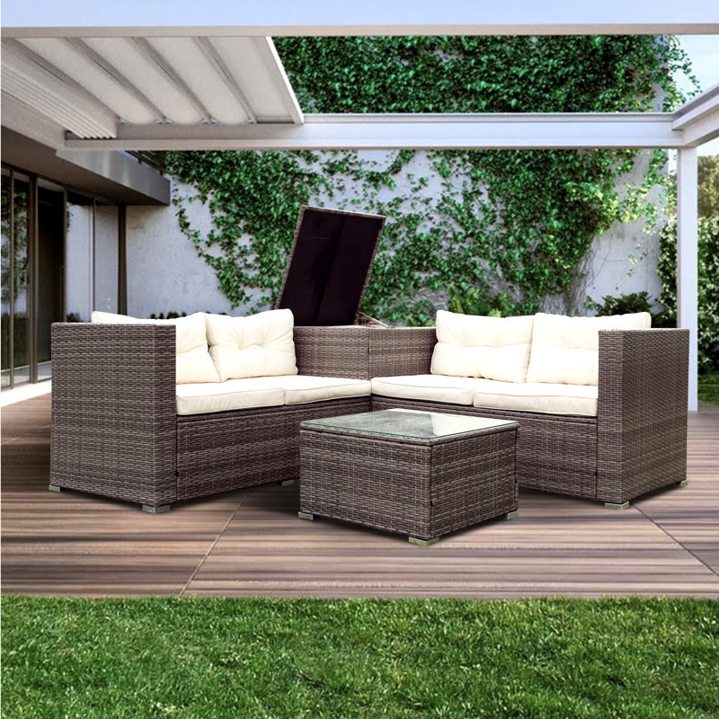 4 Piece Wicker Patio Sectional Sofa Set With Storage Box And Coffee Table