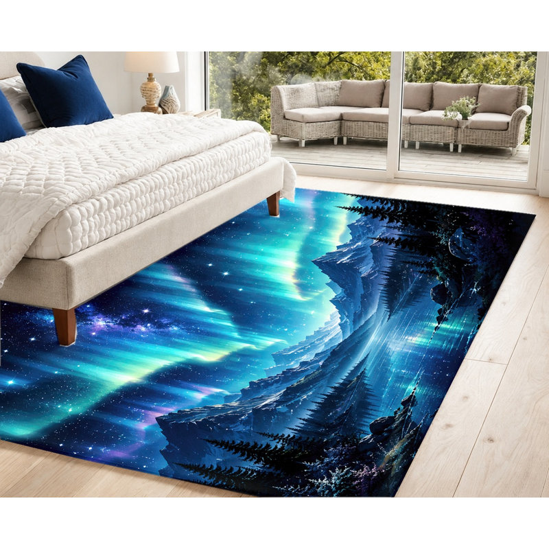 Tapis paysage de montagne aurores boréales, motif ciel étoilé, nuit réaliste, tapis de sol doux et antidérapant, décoration intérieure vivante pour salon, chambre, bureau, appartement