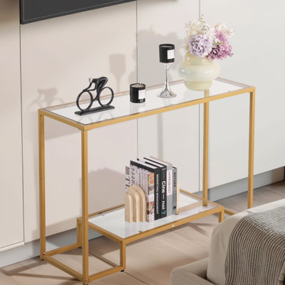 2-Tier Glass Console Table, Modern Rectangle Sofa Side Table with Tempered Glass Top and Iron Legs, Consloe Desk with Anti-Tip Device for Living Room, Hallway, Entryway, Foyer