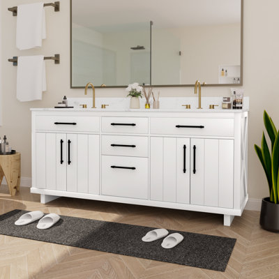 72" Double Bathroom Vanity Cabinet with Faux Marble Countertop and Ceramic Sink