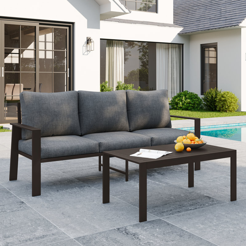 Aluminum Outdoor  3 Person Patio Sofa With Coffee Table, Gray