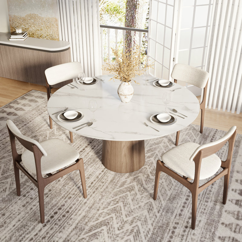 Amberly Luxurious Round Dining Table | Travertine & Stone Top With Solid Wood Base – Modern Design For Home & Entertaining