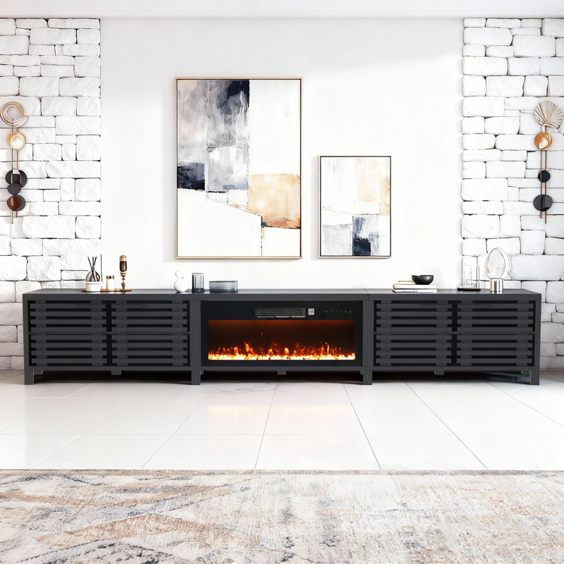 Modern 115"W Fireplace TV Stand For TVs Up To 120 Inches, Black Media Console with Storage Cabinets, Entertainment Center for Living Room or Bedroom