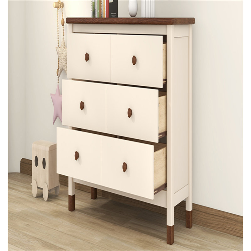 Commode de rangement 6 tiroirs en bois, Crème, noyer