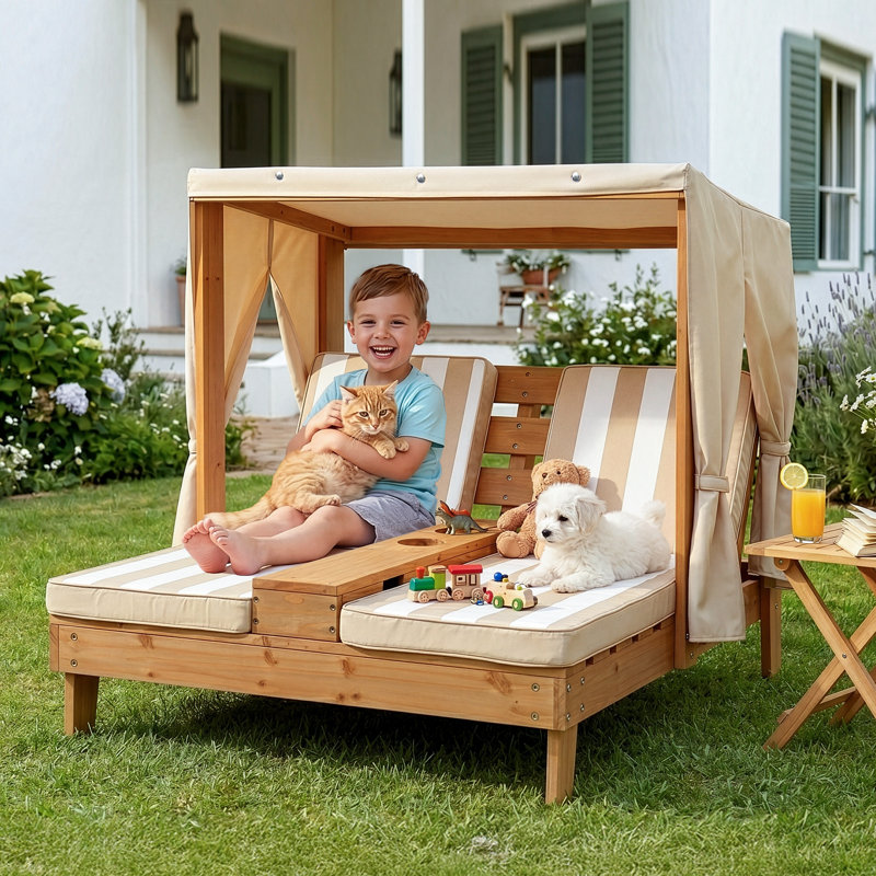 Kids Double Chaise Lounge with Canopy 2-Seater Sunbed with Cup Holder and Brown & White Striped Cushions, Brown