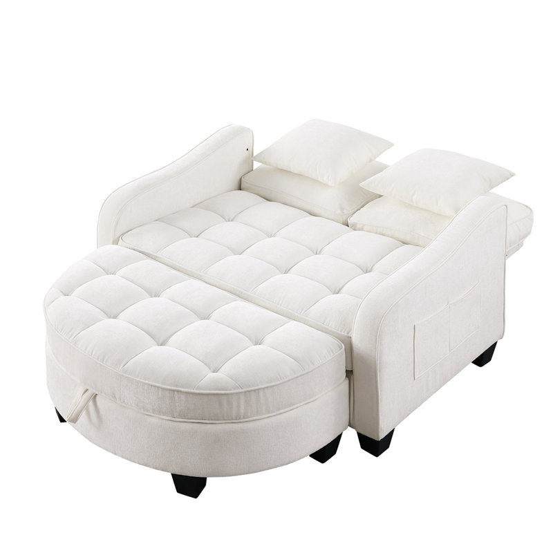 Canapé à deux places, canapé-lit double avec accoudoirs et dossiers irréguliers, repose-pieds avec espace de rangement et deux petits coussins décoratifs