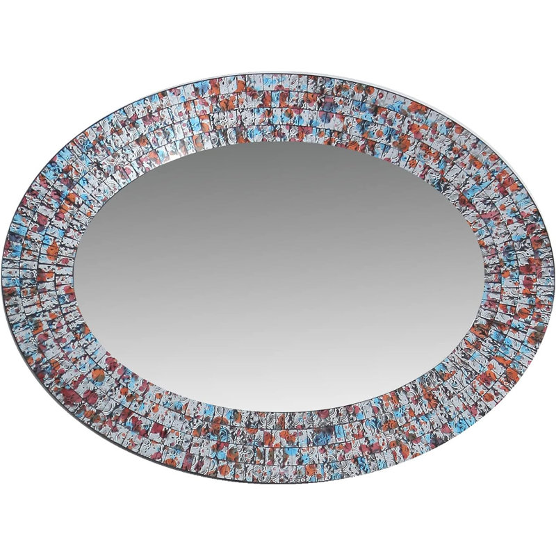 Zorigs Mirror Wall Art Décor – Handcrafted Decorative Wall Mirror, Silver, Sharpie Blue, and Tan Mosaic Mirror, 32” x 24” Oval Mirror for Hallway, Bedroom, Bathroom, Living Room