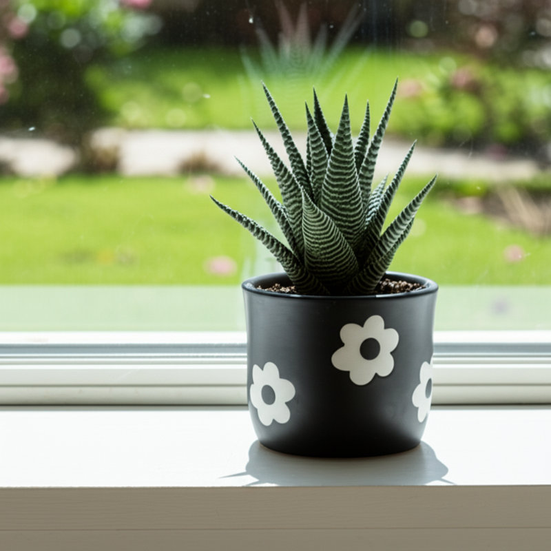 Sagebrook Home 6" Flower Power Planter, Black/White, Black White