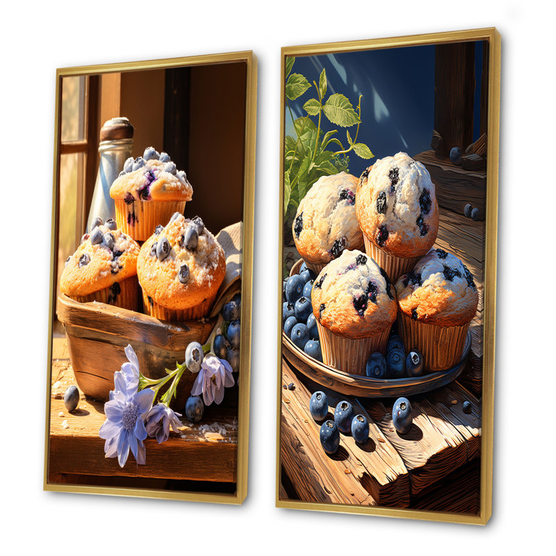 «Blue Fresh Muffin Morning - Desserts», ensemble de 2 reproductions d'art mural, Encadrement doré, H 40 po x l 41 po