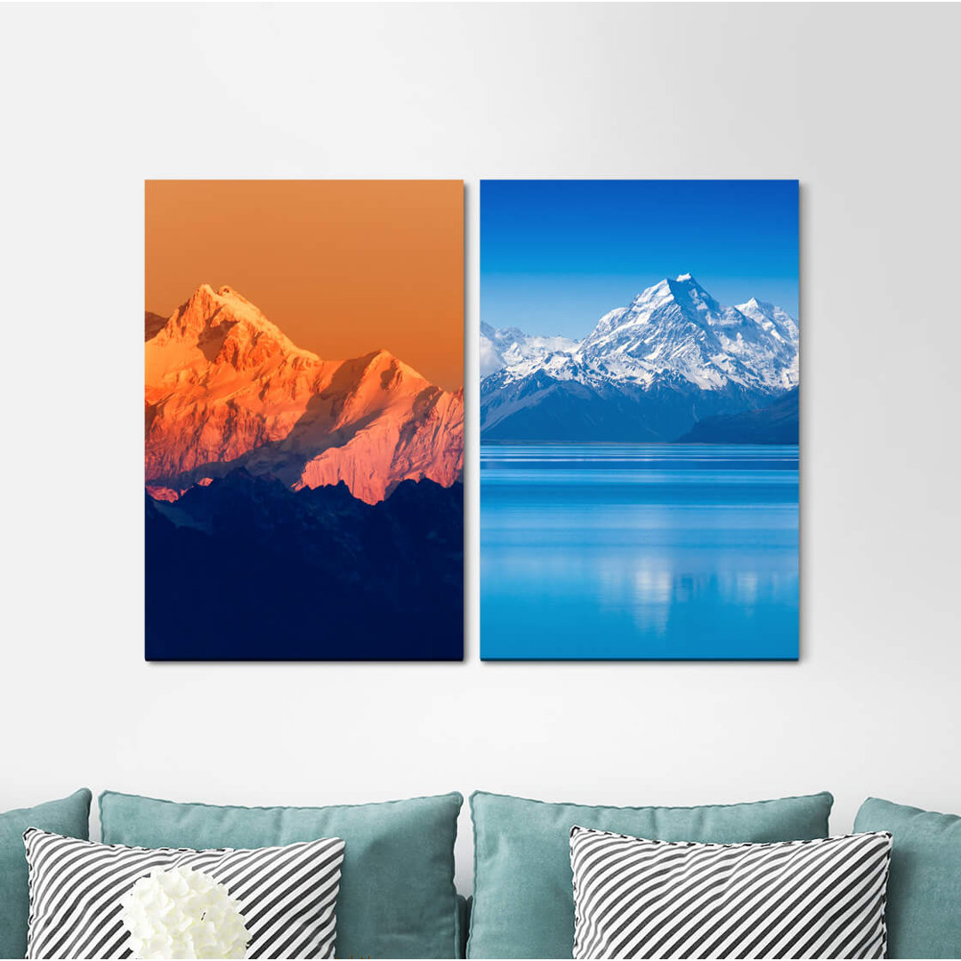 2-tlg. Leinwandbilder-Set - Grafikdruck "Berggipfel Snowy Peaks Himalaya Sterne Milchstraße"