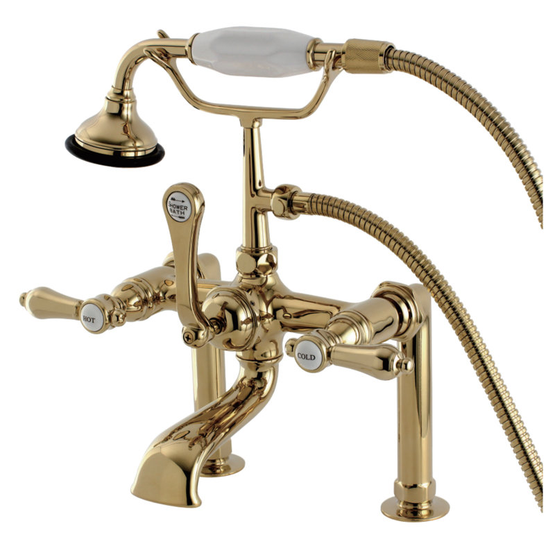 Kingston Brass Heirloom Three-Handle 2-Hole Deck Mount Clawfoot Tub Faucet with Hand Shower, Polished Brass