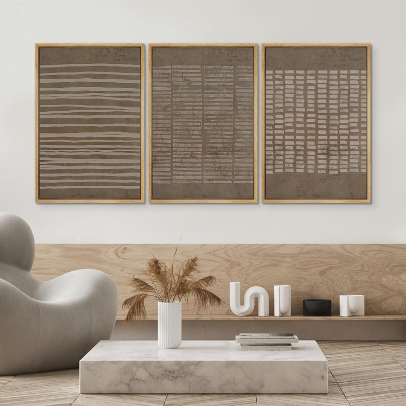 Geometric Line " No Texture Print - Grunge Greenish Brown Line Art, Abstract Neutral Artwork, Framed 3 Pieces Wall Art - Giclee Canvas Digital Print "