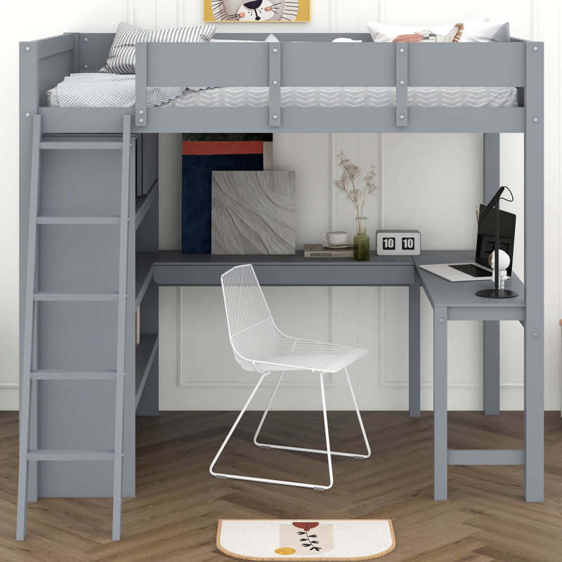 Lit mezzanine double en bois avec bureau et tablette, Gris