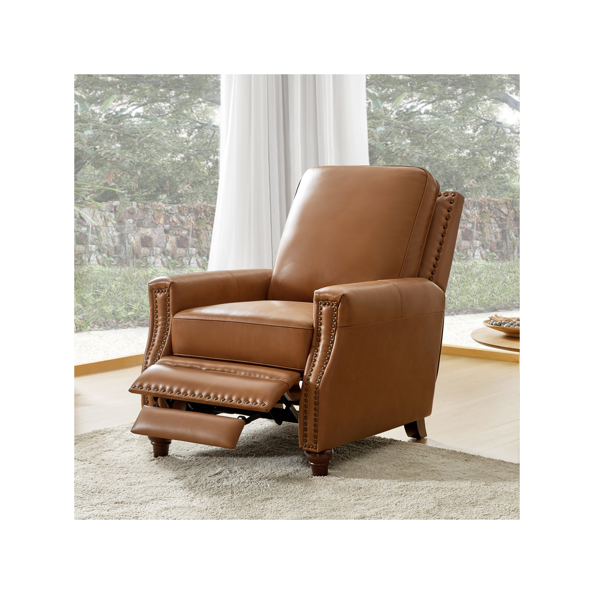 Andrena Genuine Leather Recliner with Nailhead Trim, Camel Top Grain Leather