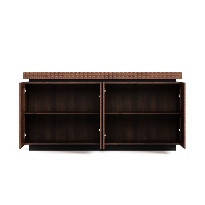 Buffet brun à 4 portes avec tablettes à plusieurs niveaux, portes pliantes et finition texturée pour le couloir du salon, rangement moderne à double usage de 58,3 po de largeur, esthétique contemporaine