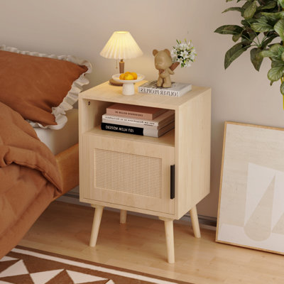 Table de chevet en rotin de 22,83 po (table de chevet), table d'appoint avec tablette ouverte, table de chevet décorative avec pieds en bois massif