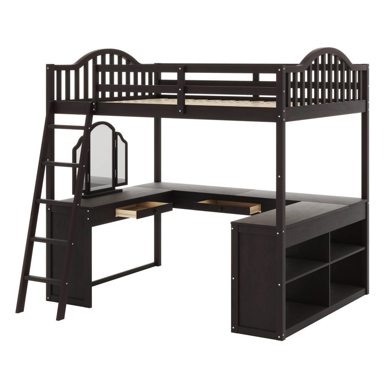Lit mezzanine double en bois Kedryn avec bureau en U, compartiments de rangement et miroir à trois volets, Espresso