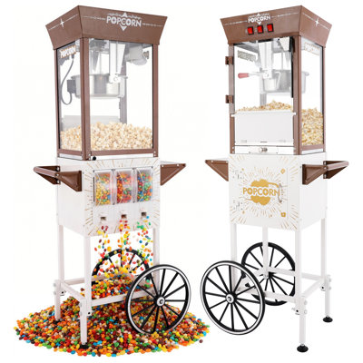 Machine à maïs soufflé rétro avec chariot roulant, 3 interrupteurs de commande indépendants et 3 boîtes à bonbons, machine à maïs soufflé commerciale pour casse-croûte de cinéma.
