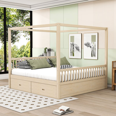 Wood Canopy Bed with Storage Drawers
