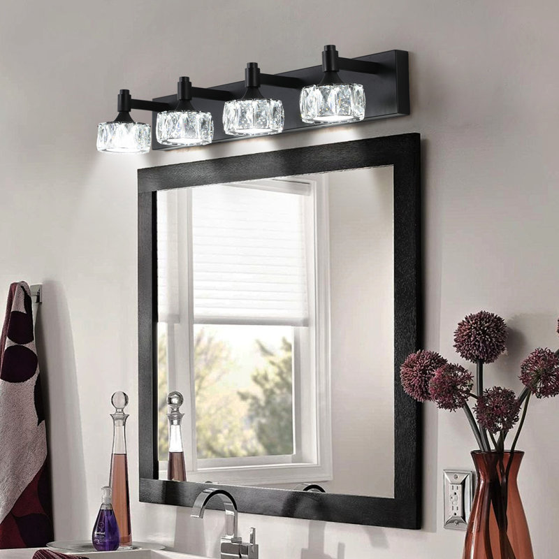 4- Matte Black Led Bathroom With Crystal Glass Lampshade For Home Decor Vanity, 4.74" H x 7.99" W x 28.13" D, 4