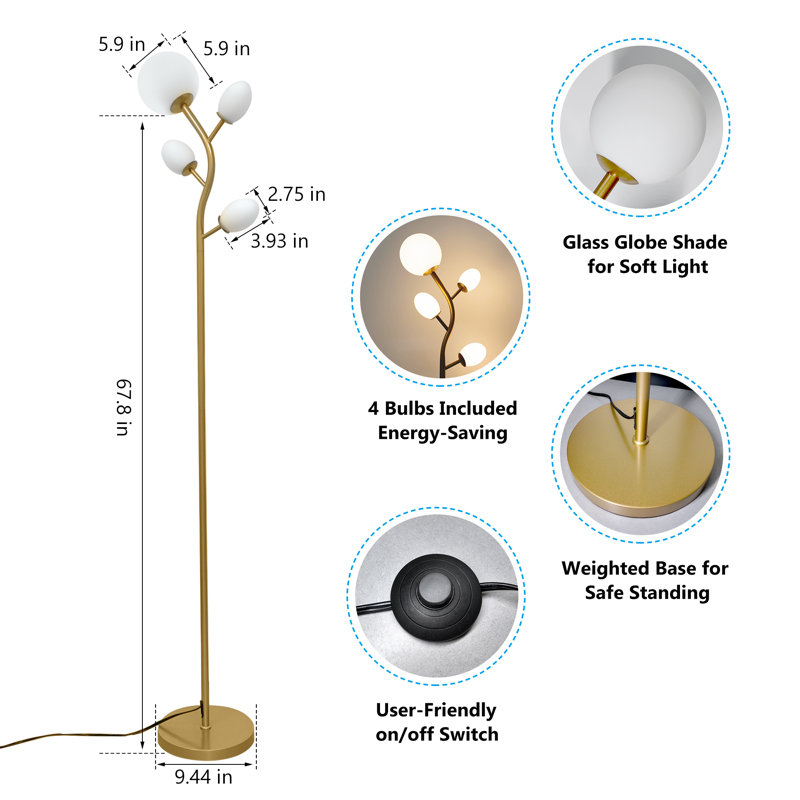 4-light Modern Tree Floor Lamps, 67.8in Standing Lamp With Globe Lampshade For Living Room,office,bedroom(bulb Include), Gold