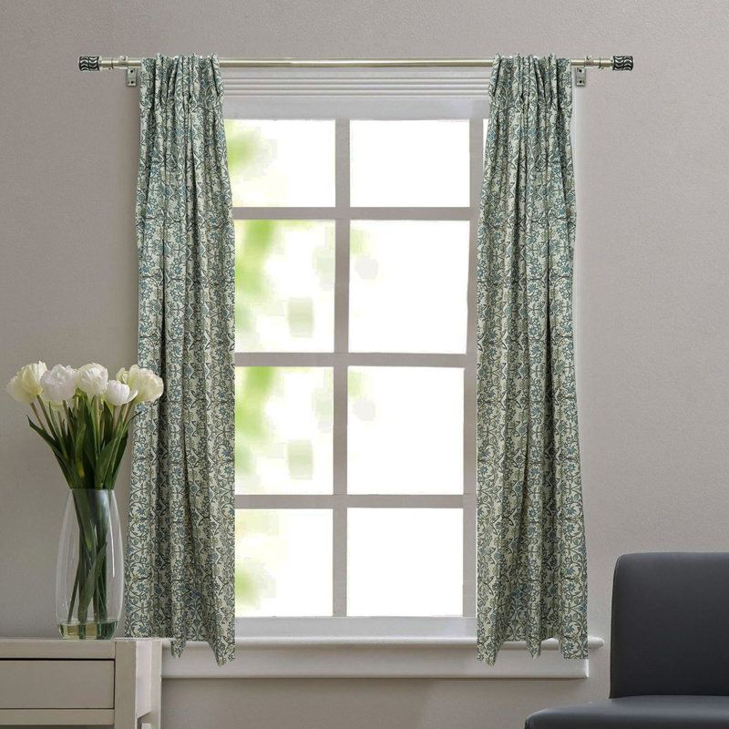 Turquoise Block Print Flat Curtain Panel Handmade Linen Drapes for Living Room, Bedroom & Window Styling, 54" W x 120" L