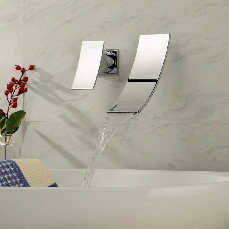 Bathroom Vanity Faucet, Left Hand Lavatory Faucet, Wall Sink Faucet with Waterfall Spout, Chrome