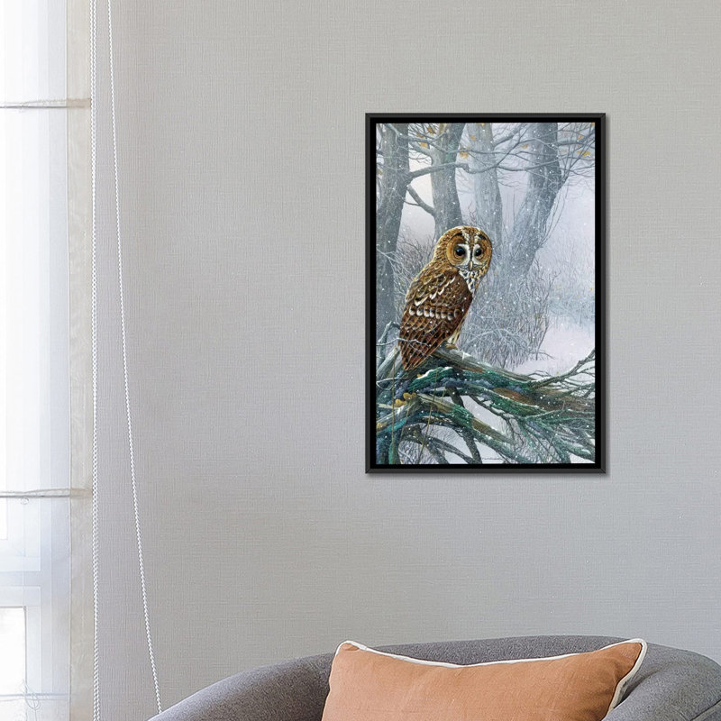 Owl In A Snowy Forest by Jan Weenink - Print, 26" H x 18" W x 1.5" D, Black Framed Canvas, No Matte