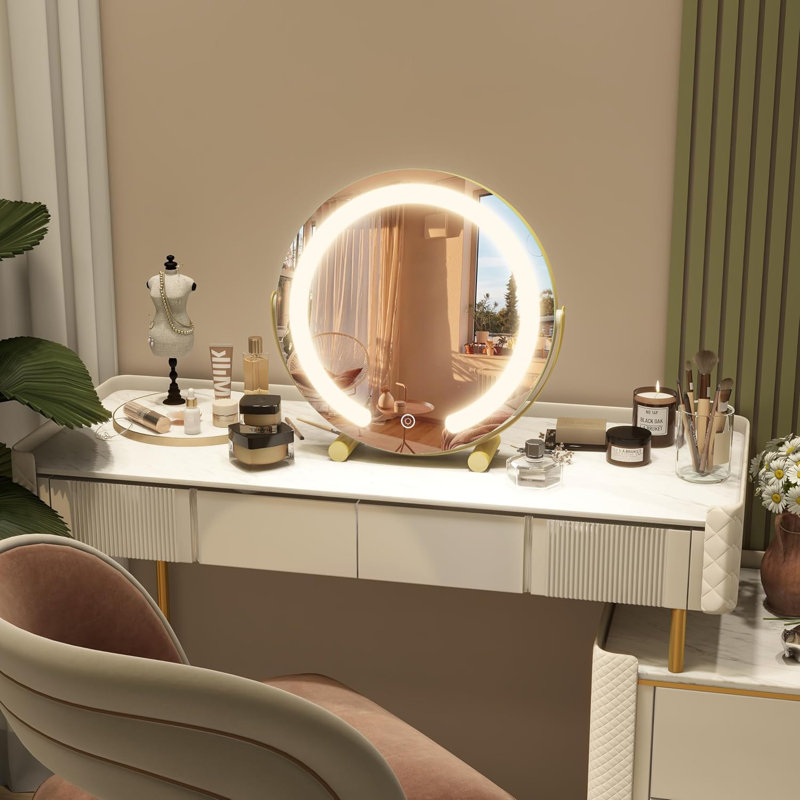 Lighted Vanity Mirror With 3-Color Dimmable LED Lights, 360° Rotation & Touch Control, Large Makeup Mirror With Stable Base For Bedroom Or Dressing Room
