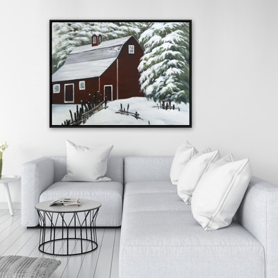 Red Barn In Snow Print On Canvas