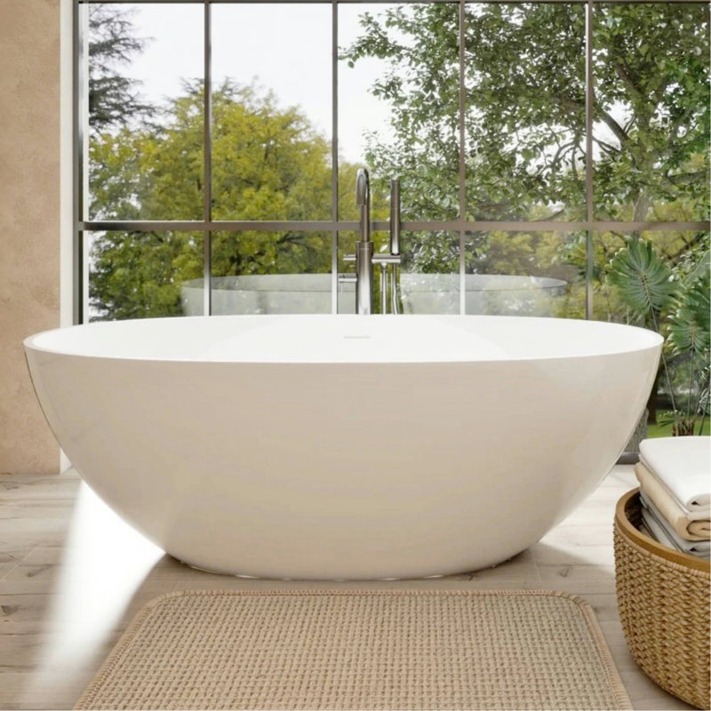 65" Freestanding Solid Surface Soaking Bathtub, Glossy White, Warm - To Touch Feature, Generous Space Luxury Spa Like Atmosphere, Center Drain With Debris Feature