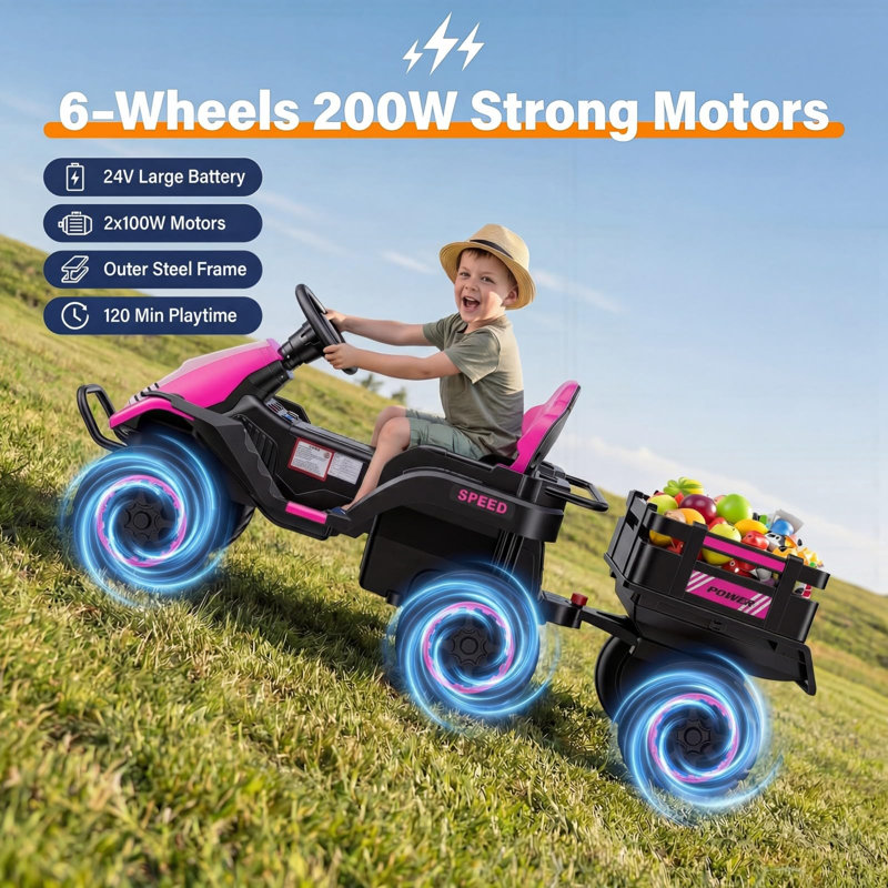 24V Ride On Toys for Big Kids with Detachable Trailer and Remote Control, Pink