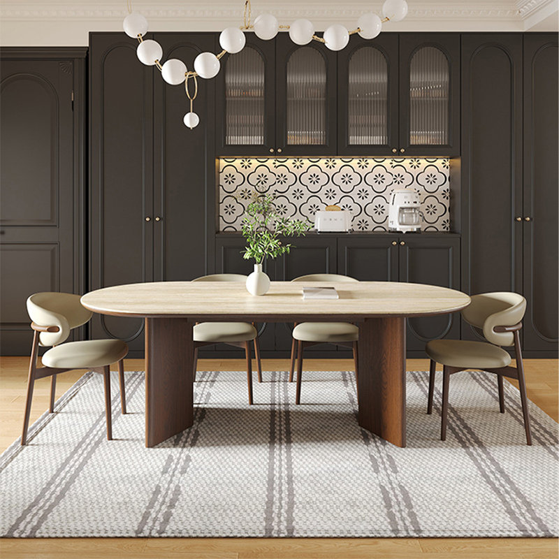 Table de salle à manger beige / brun en pierre frittée ovale + bois massif, H 29,53 po x L 70,87 po x l 31,5 po