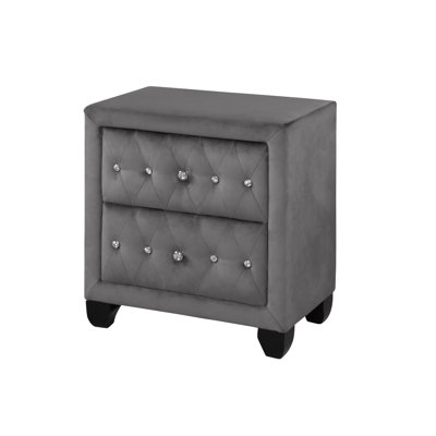 Table de chevet Contemporary 2 en velours gris, décorée d'un capitonnage en cristal pour le revêtement en velours de la chambre chic, Accents Glamour
