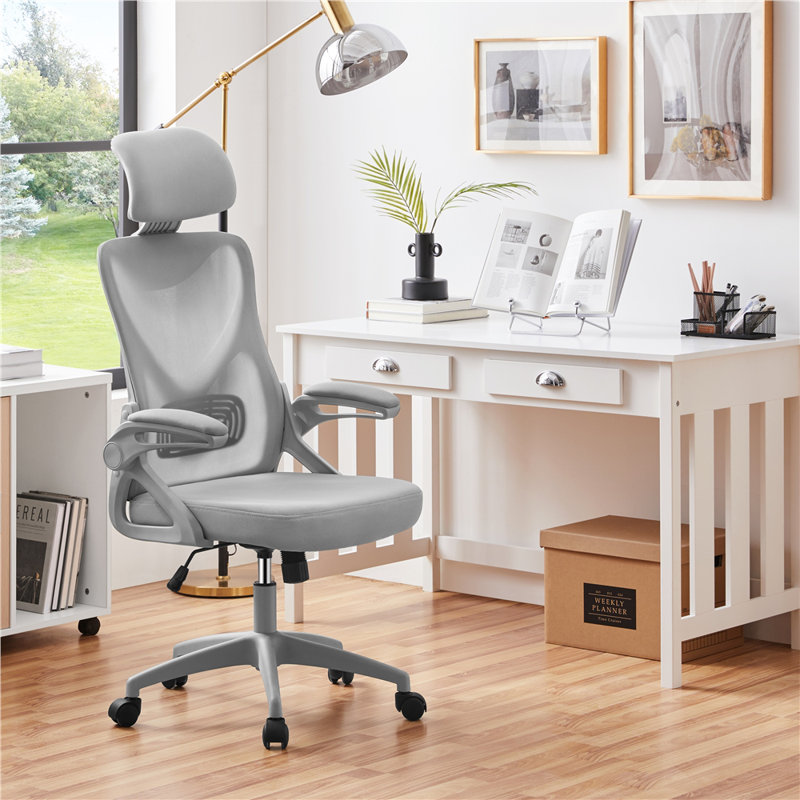 High Back Mesh Swivel Ergonomic Task Office Chair with Flip-Up Arms, Grey, Full Grey