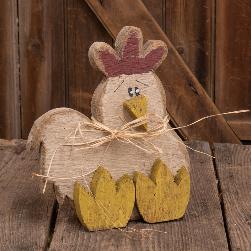 Poulet rustique assis en bois - H 11 po