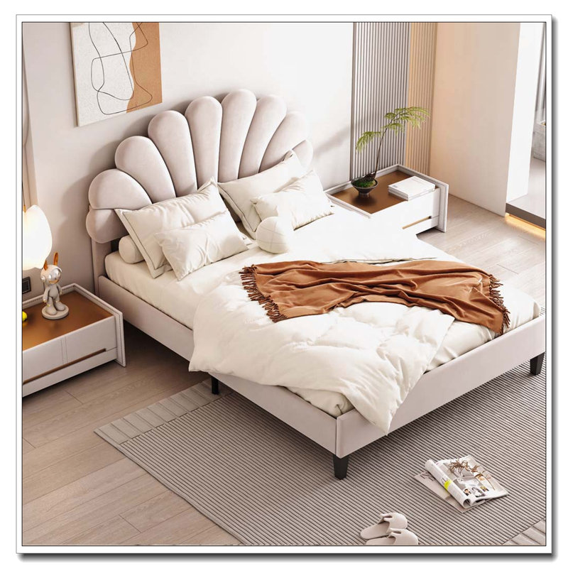 Upholstered Platform Bed with Flower Pattern Velvet Headboard, Beige, Full