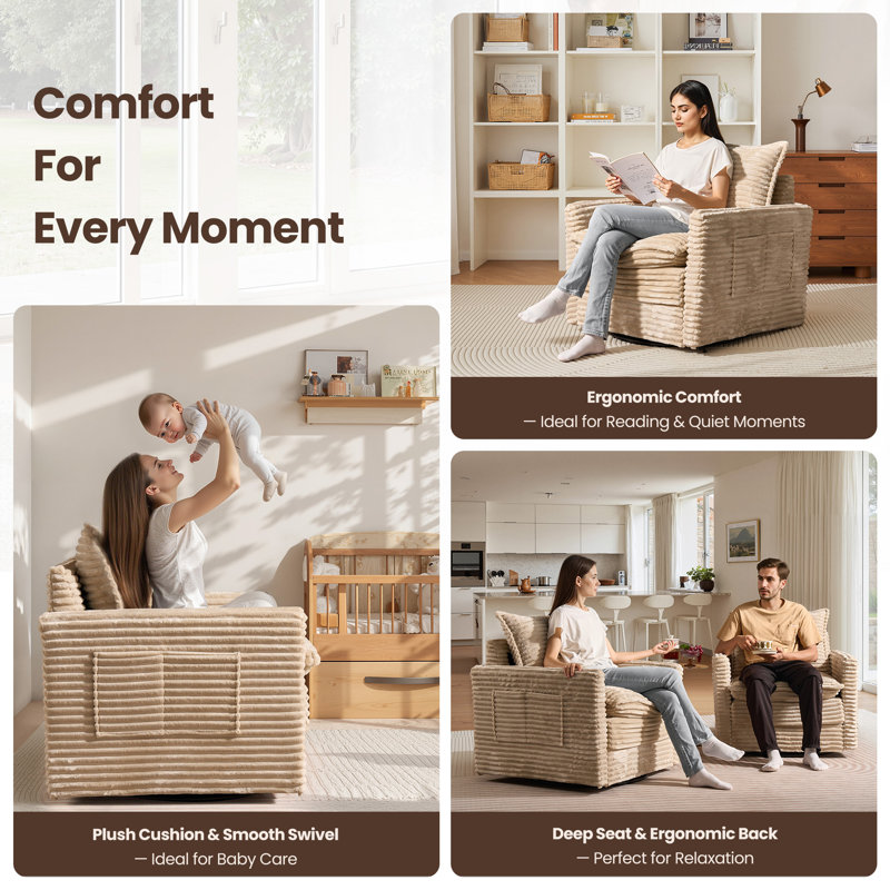 Fauteuil pivotant rembourré en velours côtelé , Beige